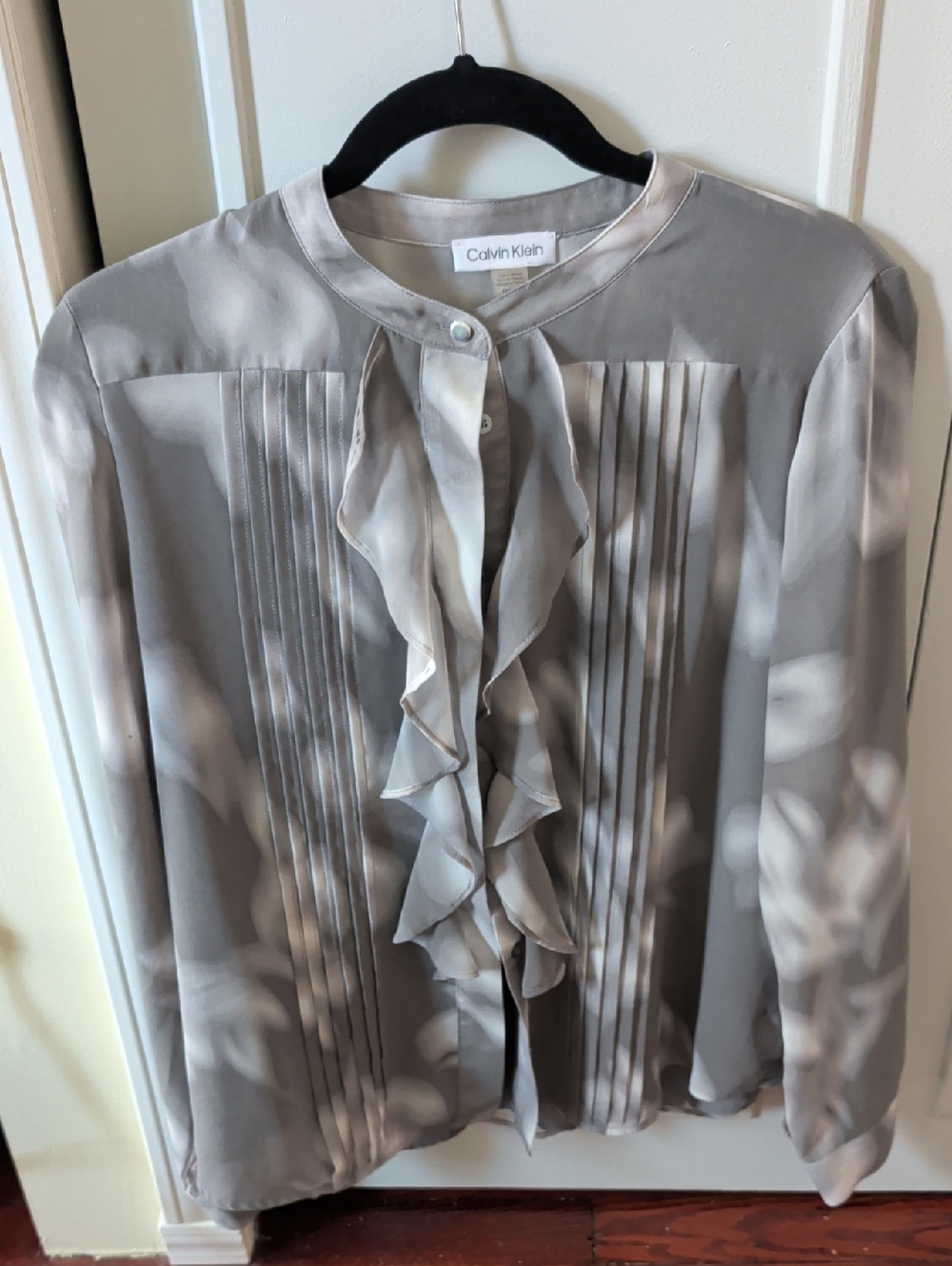 Calvin Klein Light Gray Ruffle Front Blouse